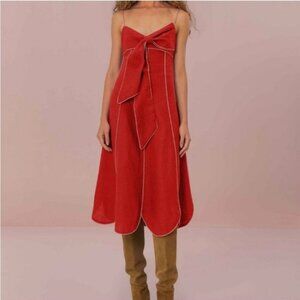 FARM Rio Red Front Bow Linen Midi Dress XS